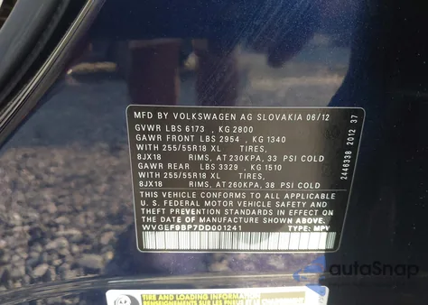 2013 Volkswagen Touareg Vr6 Sport z USA, uszkodzony, nr VIN WVGEF9BP7DD001241